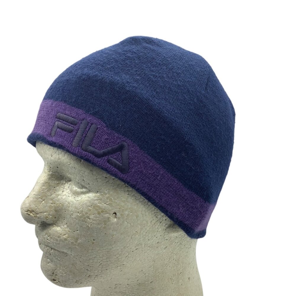 Vtg FILA Navy Purple Knit Beanie Hat Unisex Winter Warm‎